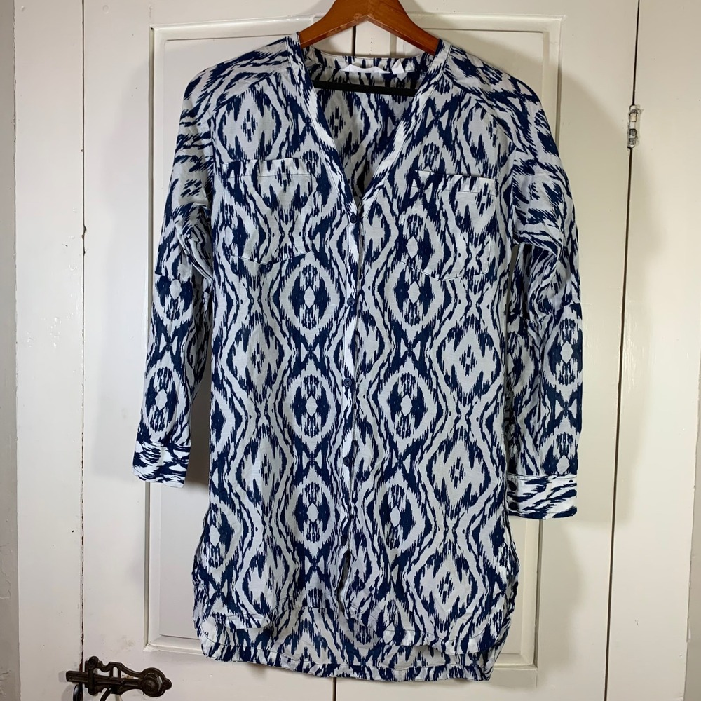 Athleta Ikat Print Tunic Top Women XXS Blue White Cotton Silk Shirt Dress Preppy - Picture 1 of 14